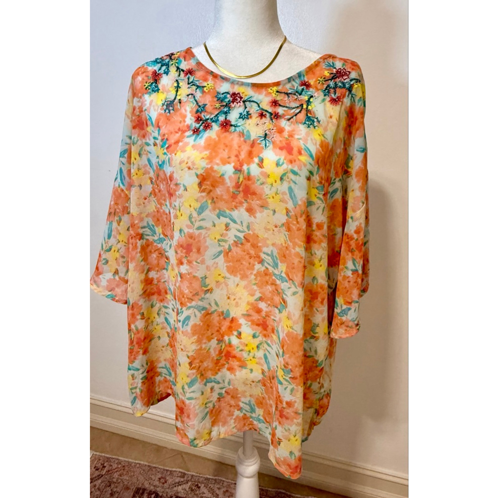 Jason Wu Floral Embroidered Blouse L Orange Yellow, beaded, dolman, flowy